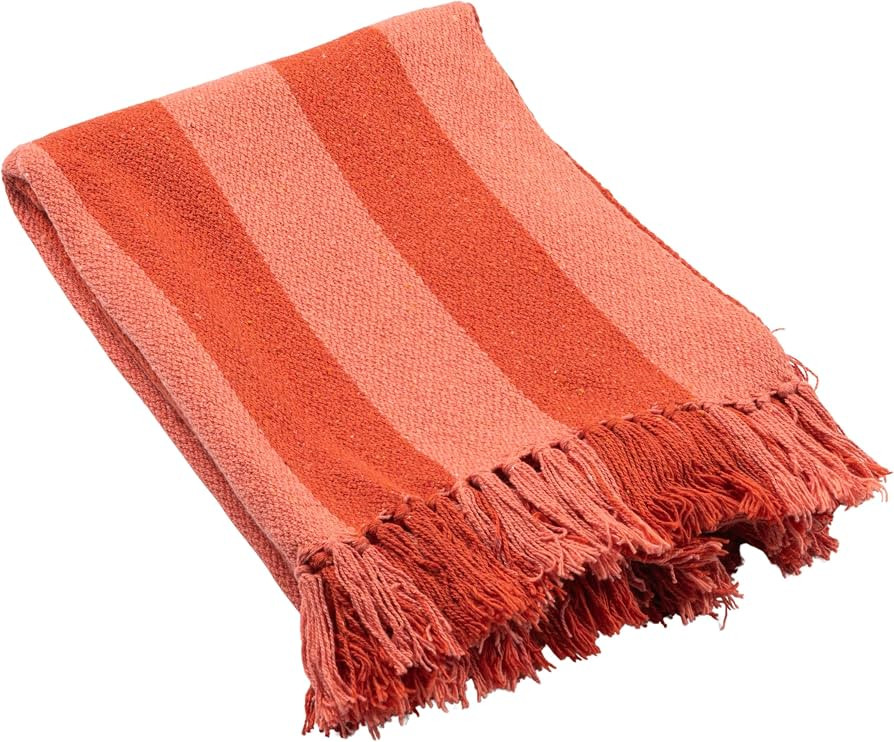 Creative Co-Op Woven Cotton Blend Throw with Stripes and Fringes, Red and Pink | Amazon (US)