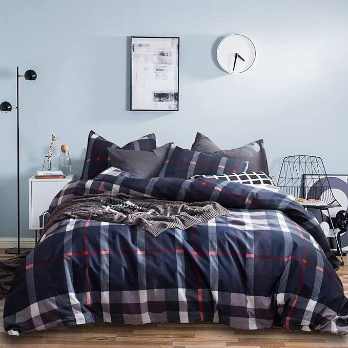 Houseri Navy Blue Plaid Comforter Set Queen Teen Boys Dark Blue Bedding Sets Queen Buffalo Plaid ... | Amazon (US)