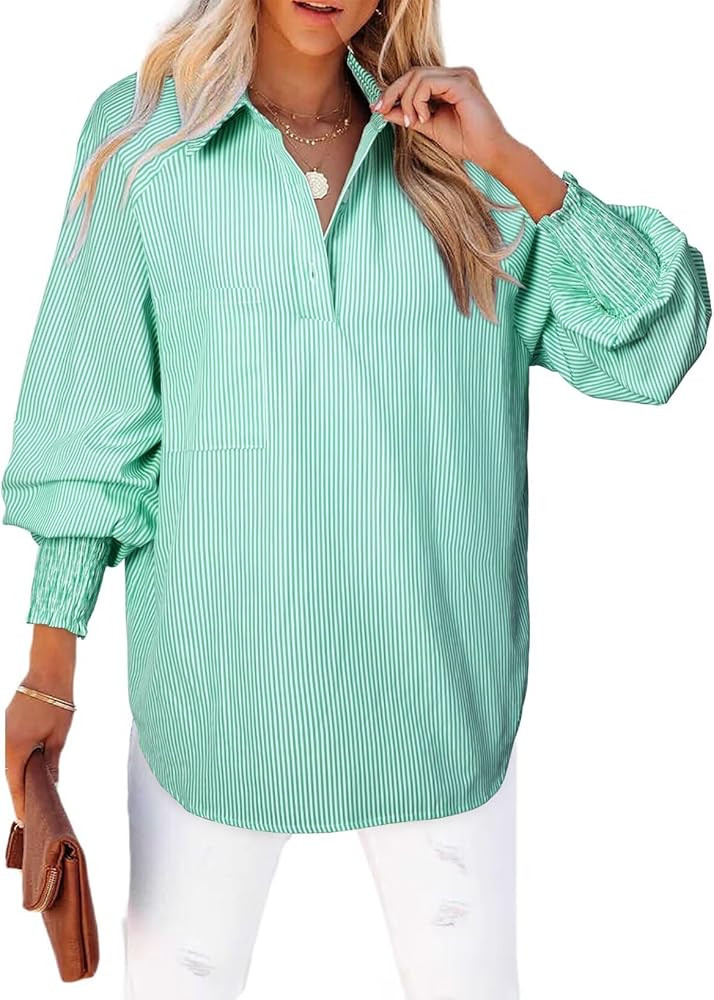 Astylish Women 2026 Fine Striped Smocked Cuffed Henley Shirts Puff Long Sleeve Collared Blouse To... | Amazon (US)
