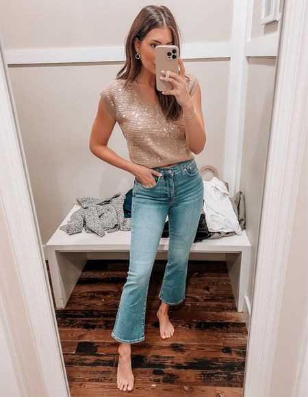 Sequin sweater and jeans on sale 20% off with code LTK20. Wearing medium in top and size 26 in jeans.

#LTKHoliday #LTKsalealert #LTKxMadewell