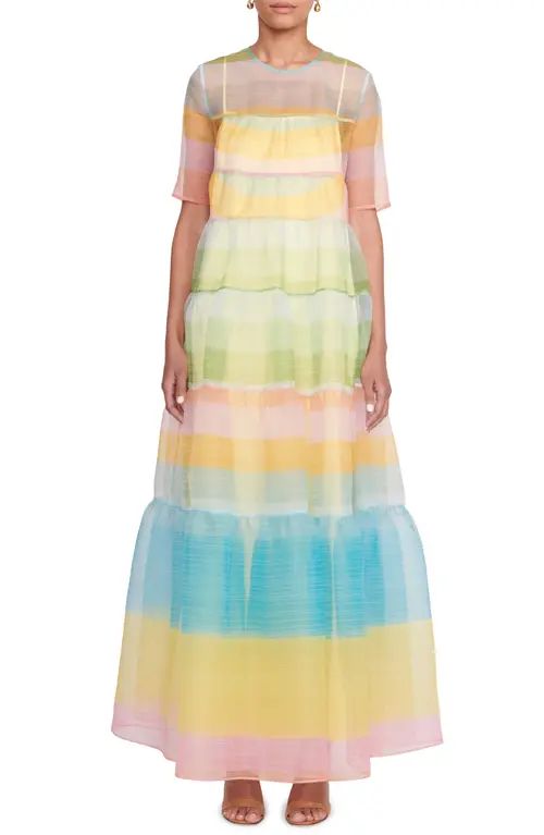 STAUD Hyacinth Patchwork Paisley A-Line Organza Dress in Coastal Ombre at Nordstrom, Size Large | Nordstrom