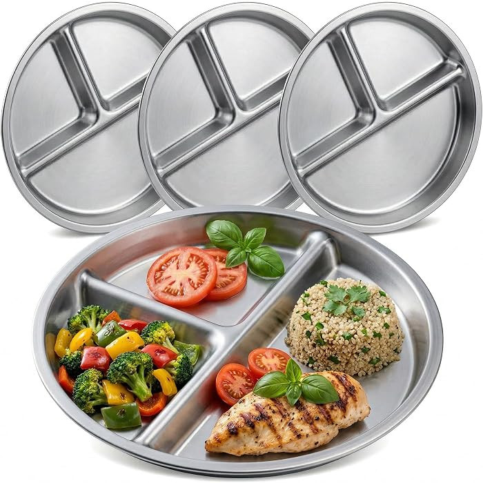 BEWBBAT 4 Pack 304 Stainless Steel Divided Plate, 8 Inch 3 Section Round Divided Plates Portion C... | Amazon (US)