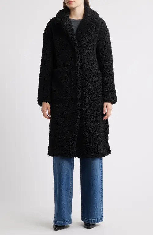 bcbg Notch Collar Faux Shearling Long Coat in Black at Nordstrom, Size X-Small | Nordstrom