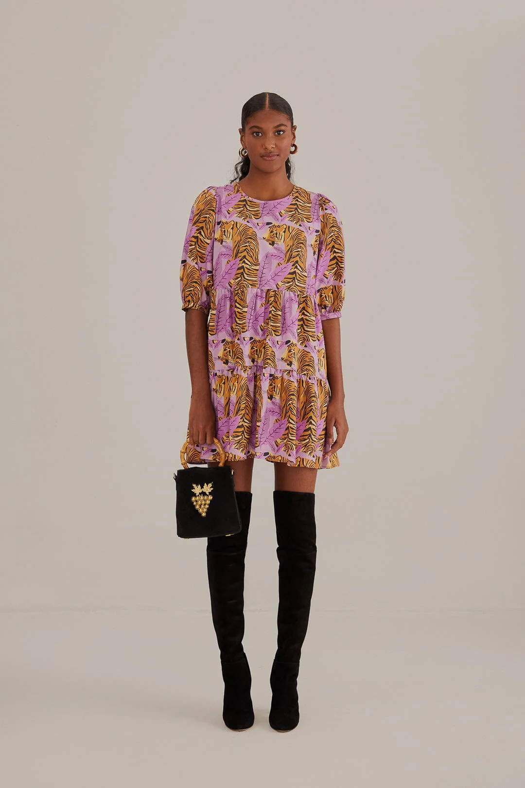 Lavender Tiger Leaves Puff Sleeve Mini Dress | FarmRio (US)