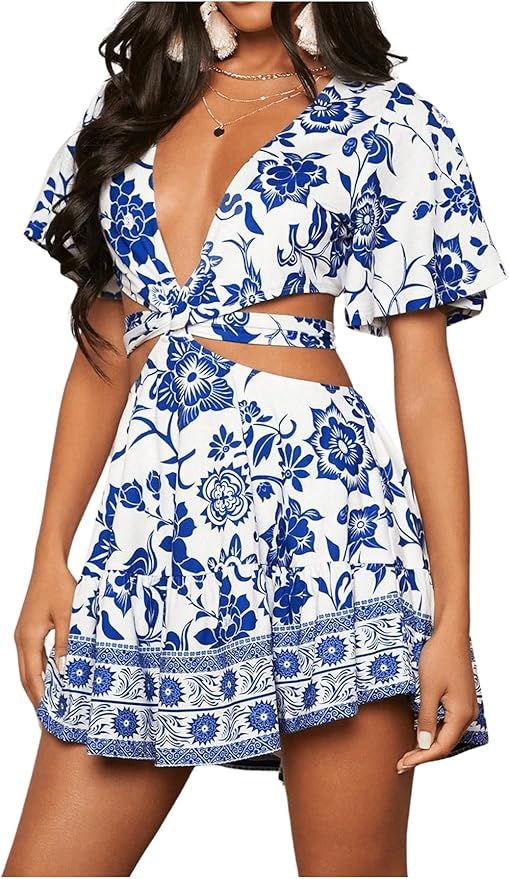 Milumia Women's Floral Cut Out Tie Back V Neck Short Sleeve Mini Dress Boho Pleated Hem Dresses | Amazon (US)