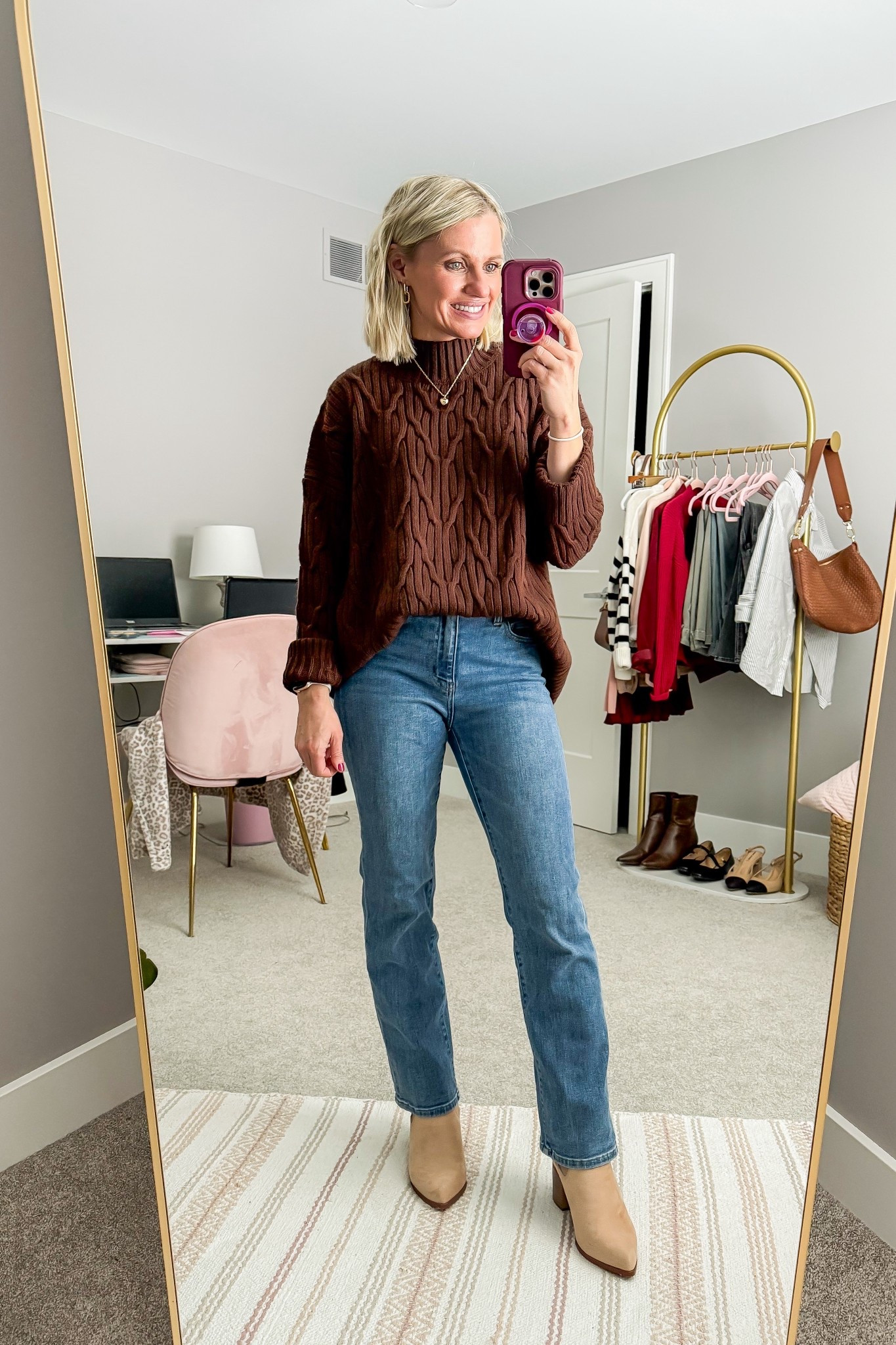 Winter outfit idea with a brown cable knit sweater and straight leg “cigarette jeans”. 
Sweater- small
Jeans- 25/28"

#LTKootd #LTKPetite #LTKOver40
