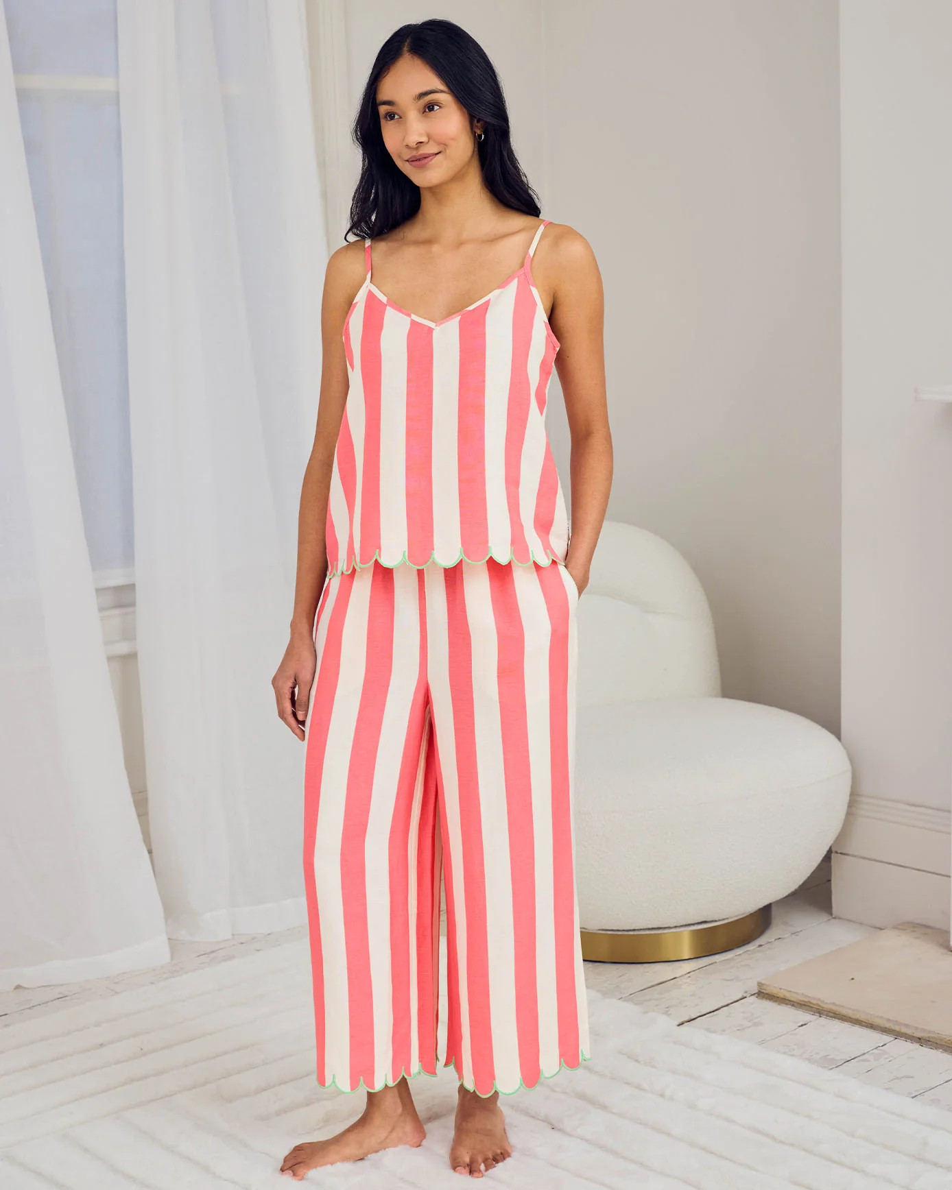 Linen Blend Scallop Edge Stripe Long Pyjama Set - Pink | Chelsea Peers NYC