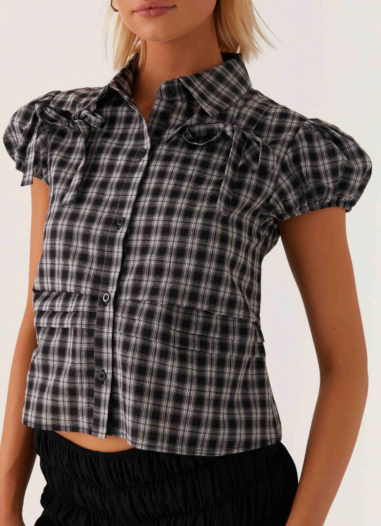 Lorraine Puff Sleeve Top - Black White Check | Peppermayo (Global)