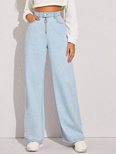 Light Wash High-Waisted O-ring Baggy Jeans | SHEIN