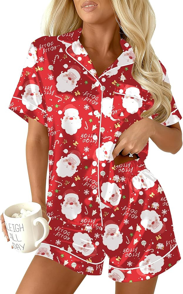 Ekouaer Womens Christmas Pajamas Silk Satin Sleepwear Holiday Matching Pjs Funny Short Sleeve But... | Amazon (US)