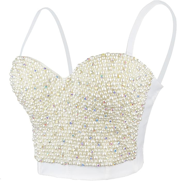 ELLACCI Sexy Pearls Beaded Rhinestone Bustier Crop Top Push up Corset Top with Detachable Straps | Amazon (US)