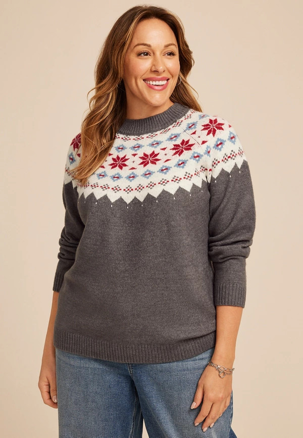 Plus Size Gray Fair Isle Crew Neck Sweater | Maurices