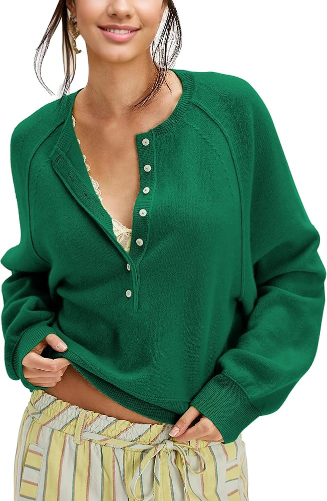 Women's Half Button Down Pullover Knit Sweater Casual Henley Long Sleeve Tunic Tops Loose Fit Tre... | Amazon (US)
