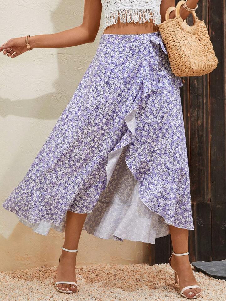 SHEIN VCAY Ditsy Floral Print Ruffle Trim Wrap Knot Side Skirt | SHEIN