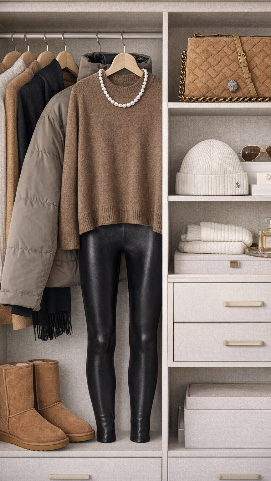 Airport Style Made Easy ✈️☕
Comfort meets chic at 30,000 feet! This is my go-to travel uniform.

The outfit:
Puffer jacket + brown sweater + leather leggings + UGG boots + woven bag + beanie + pearls

Why it works:
Leather leggings look polished but feel like pajamas. The puffer jacket is warm without being bulky. UGGs are TSA-friendly (slip on/off!). And that cozy sweater + beanie combo? Peak travel comfort.

Pro tip: Add pearls to your airport look - they elevate everything instantly and take zero effort!

Perfect for flights, long travel days, or running through terminals.

#LTK #LTKstyletip #LTKtravel #LTKfindsunder200 #LTKshoecrush #LTKitbag #AirportStyle #TravelStyle #UGGBoots #LeatherLeggings #CozyChic #OOTD