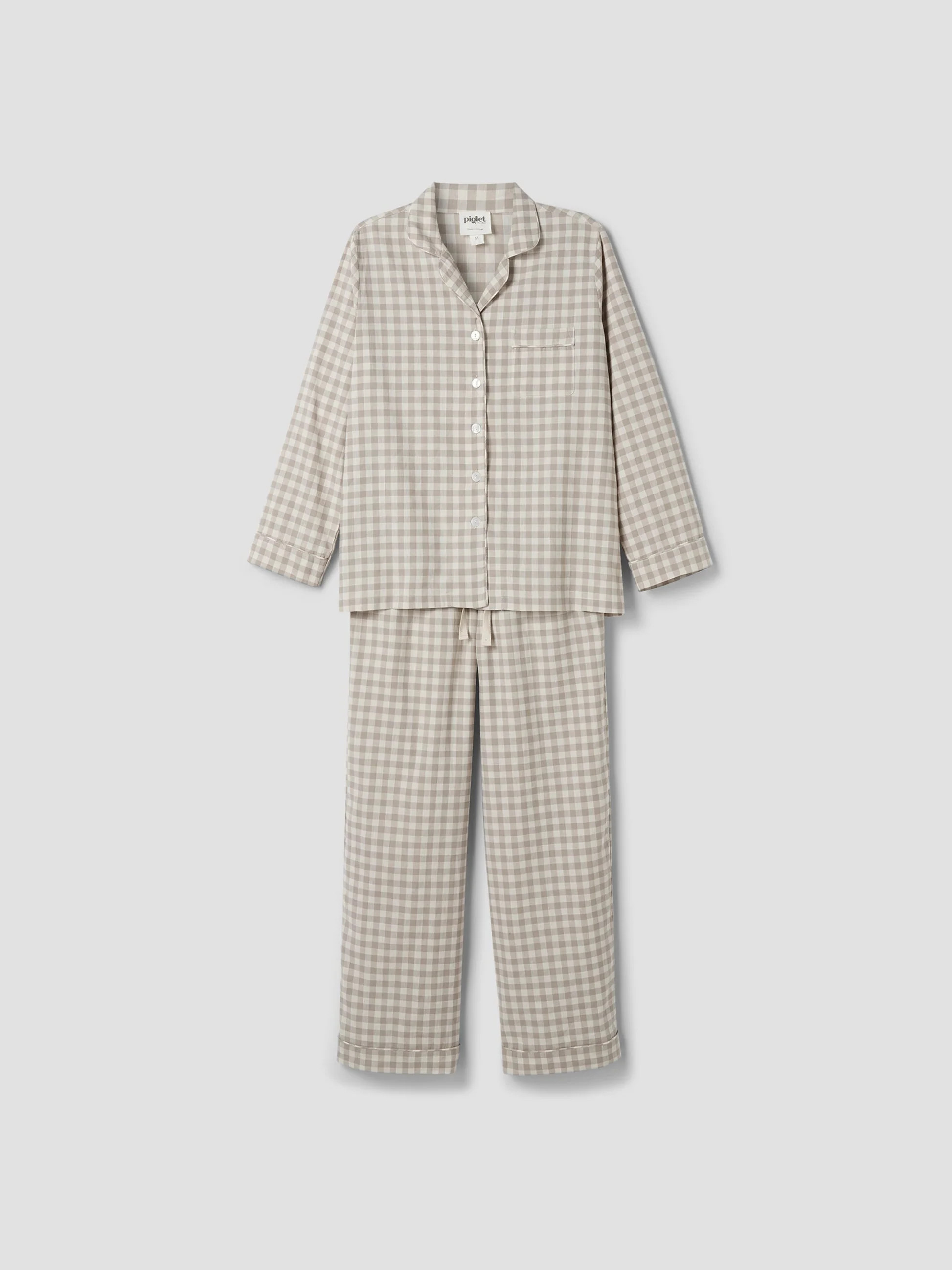 Mushroom Gingham Linen Blend Pyjama Trouser Set | Piglet