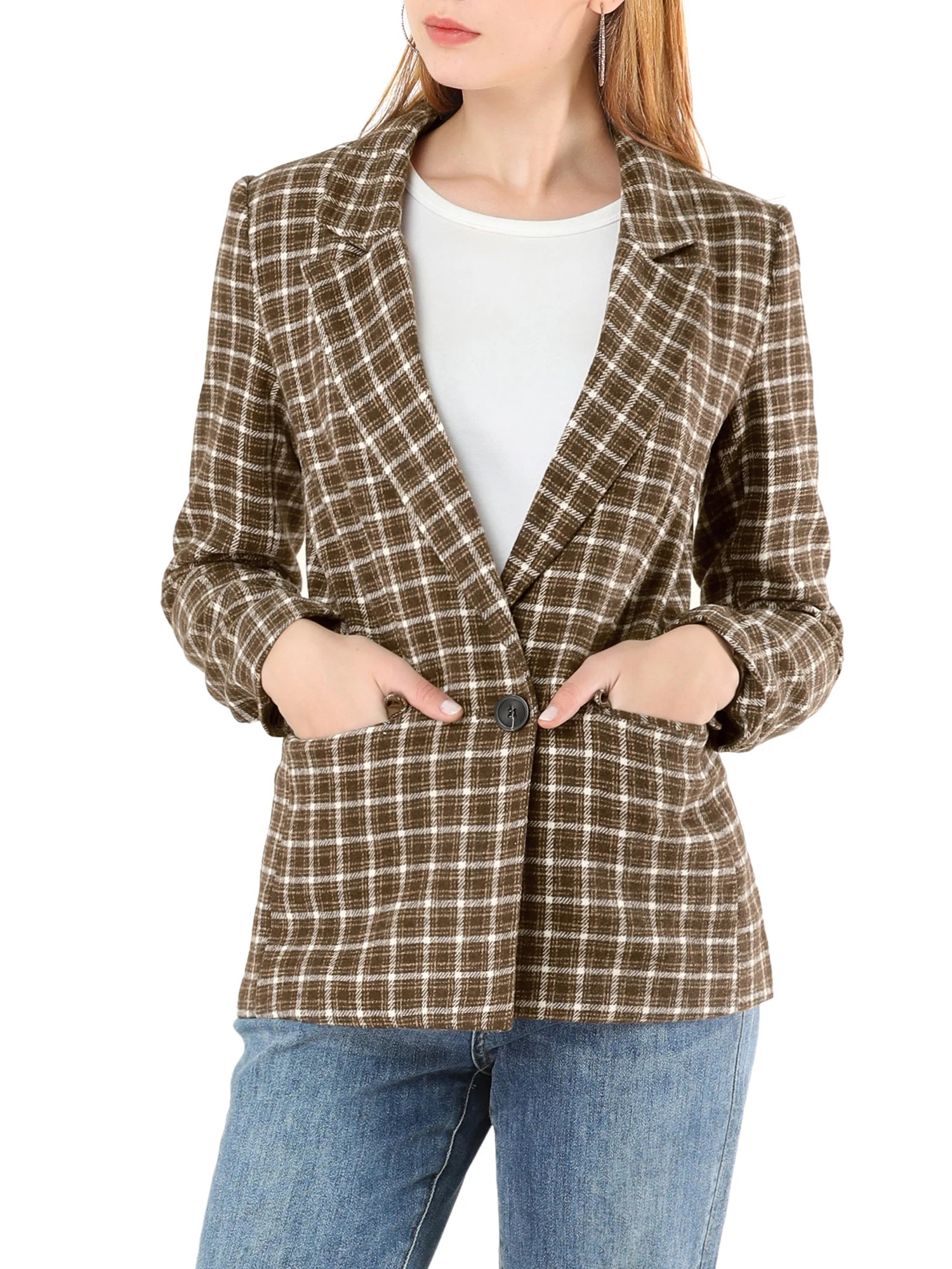 Unique Bargains Women's Plaid Notched Lapel One Button Blazer Jacket - Walmart.com | Walmart (US)