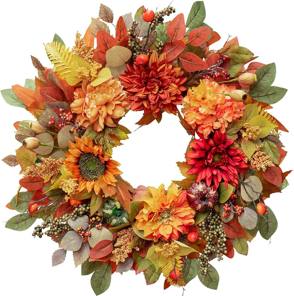 Fall Wreaths for Front Door Outside- 24 Inch Autumn Wreath with Sunflowers, Pumpkins, Peony, Dahl... | Amazon (US)