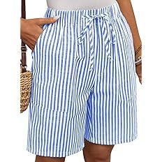 EXLURA Womens Striped Bermuda Shorts Casual Cotton Linen Shorts Elastic Drawstring Summer Beach V... | Amazon (US)