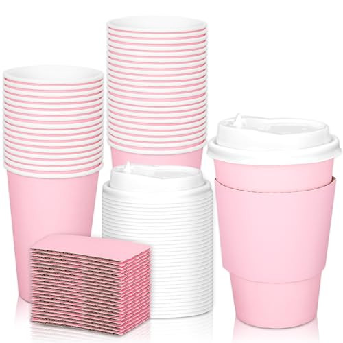 JarThenaAMCS 50Pcs 12oz Pink Disposable Coffee Cups with Lids and Sleeves Light Pink Insulated Paper Cups To Go Cups for Home Restaurant Wedding Travel Party Supplie | Amazon (US)