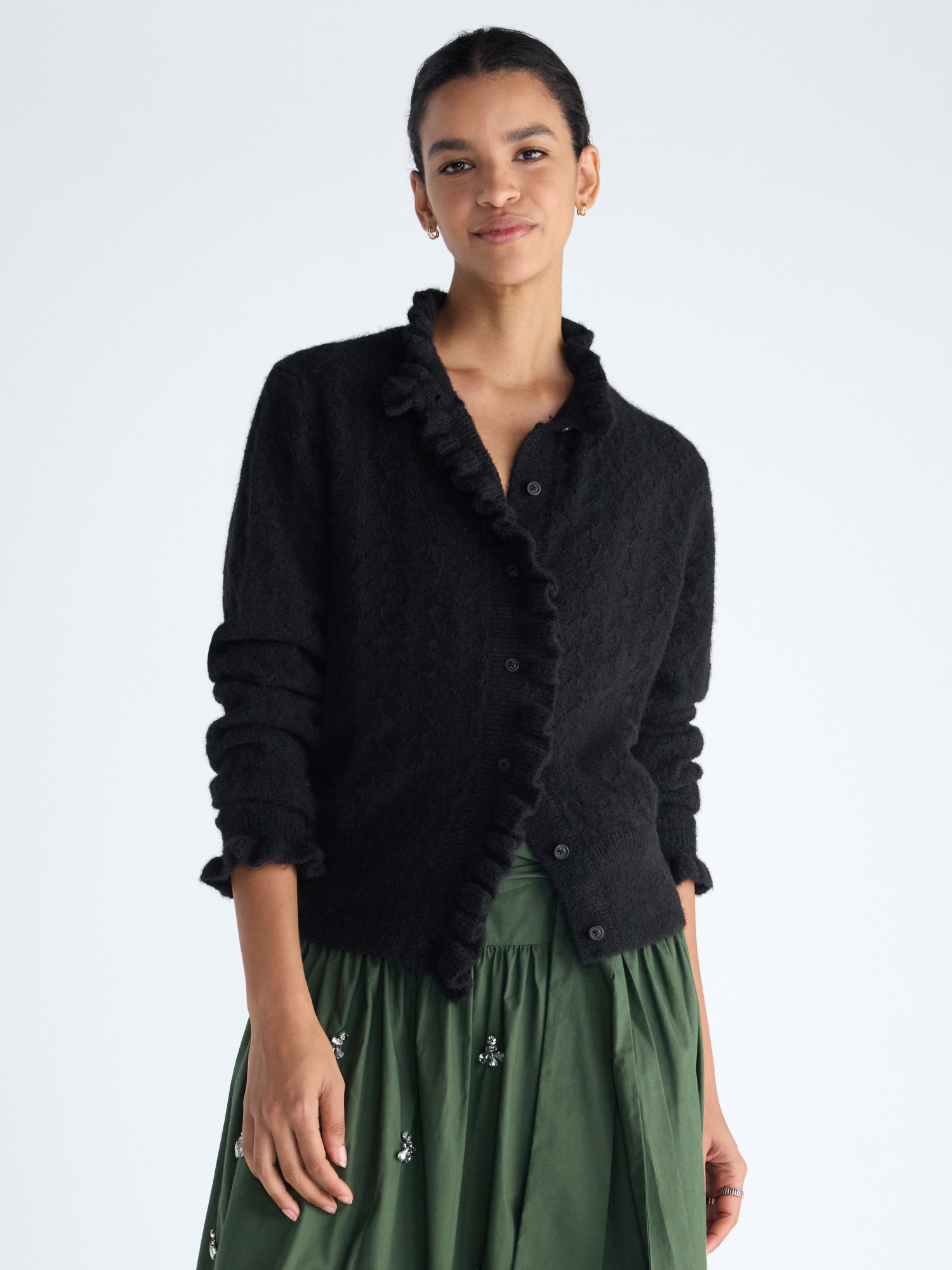 Free Assembly Women's Ruffle Neck Pointelle Cardigan Sweater, Midweight, Sizes XS-XXL - Walmart.com | Walmart (US)