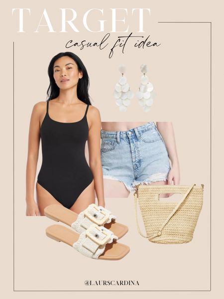 Casual fit from Target! Pair a black bodysuit with cutoff denim shorts, ivory straw sandals, a woven crossbody bag, and mother of pearl dangling earrings. 

Ootd, Target fashion, spring outfit, summer idea, resort wear 

#LTKshoecrush #LTKstyletip #LTKfindsunder50