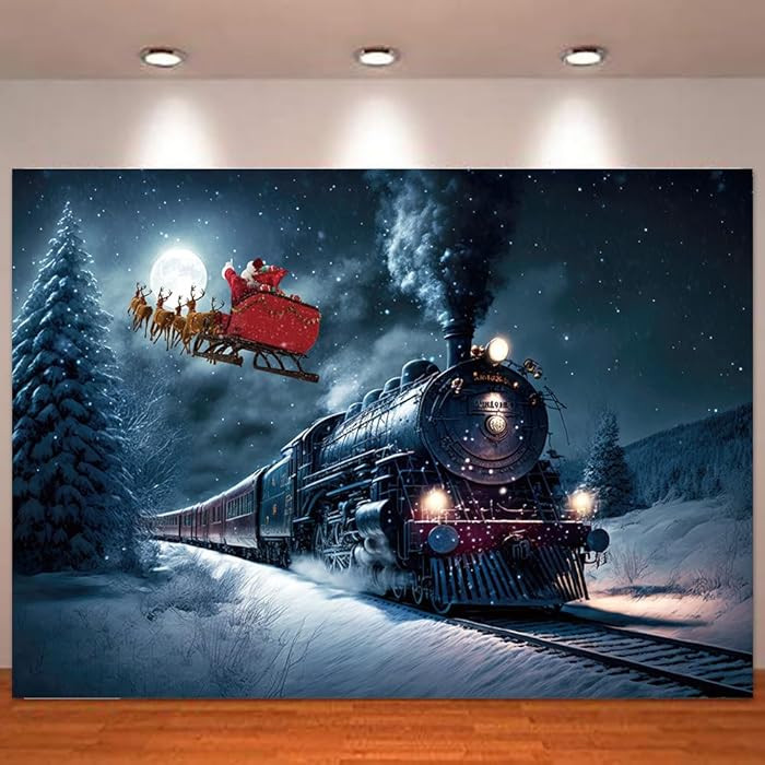 Christmas Train Photography Backdrop Winter Night Train The Santa Claus Photo Background for Chri... | Amazon (US)