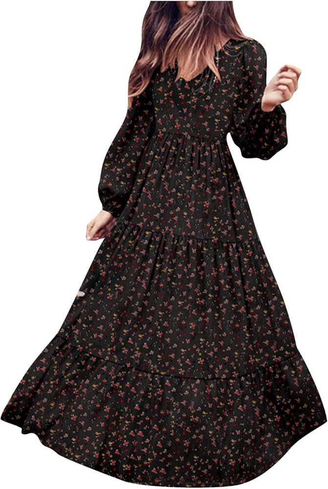 tuduoms Summer Boho Dress for Women Plus Size Smocked V-neck Dress Lantern Sleeve Floral Flared F... | Amazon (US)