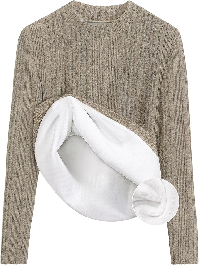 ZESICA Women's Fleece Sherpa Lined Tops Long Sleeve Mock Neck Knit Thermal Basic Shirts 2026 Fall... | Amazon (US)