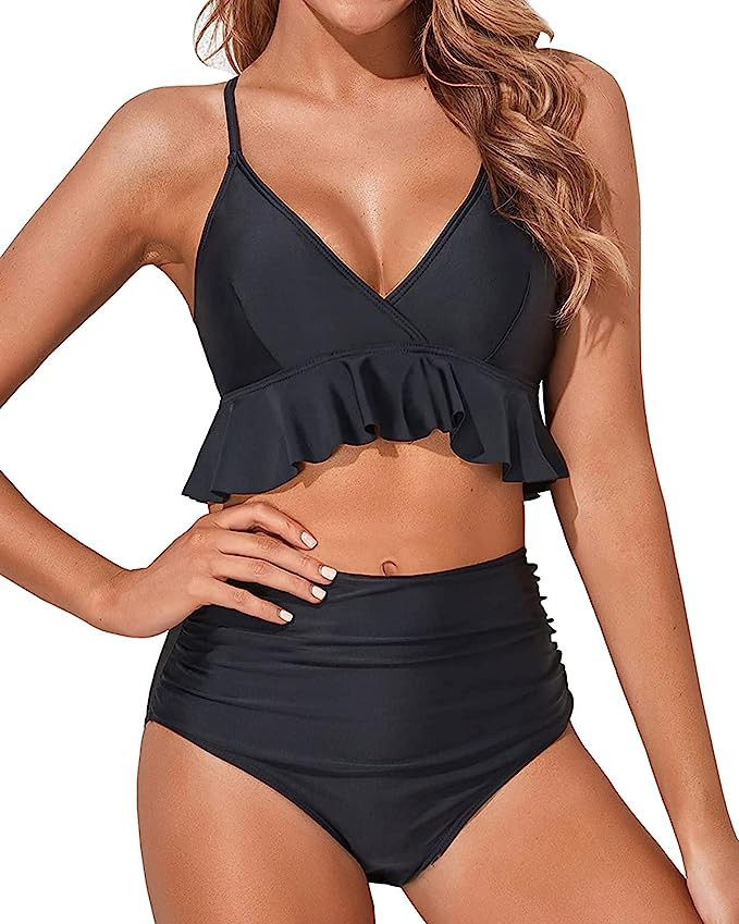 Tempt Me Women Two Piece Swimsuits High Waisted Bikini Set Ruffle Flounce Tummy Control Bottoms B... | Amazon (US)