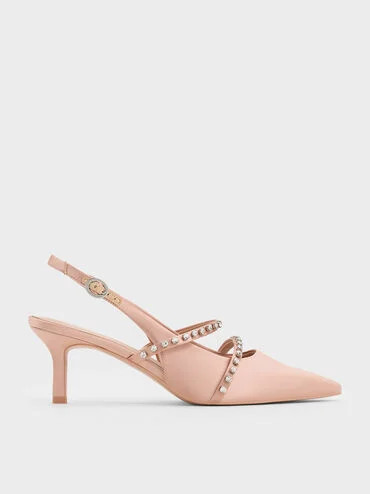 Nude Satin Crystal-Embellished Slingback Mary Jane Pumps | CHARLES & KEITH | Charles & Keith US
