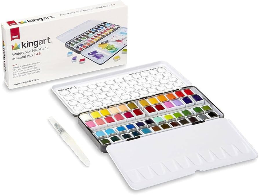 KINGART PRO Artist, Tin Box with Water Brush Watercolor Half-Pans, 48 Vibrant Colors Piece | Amazon (US)