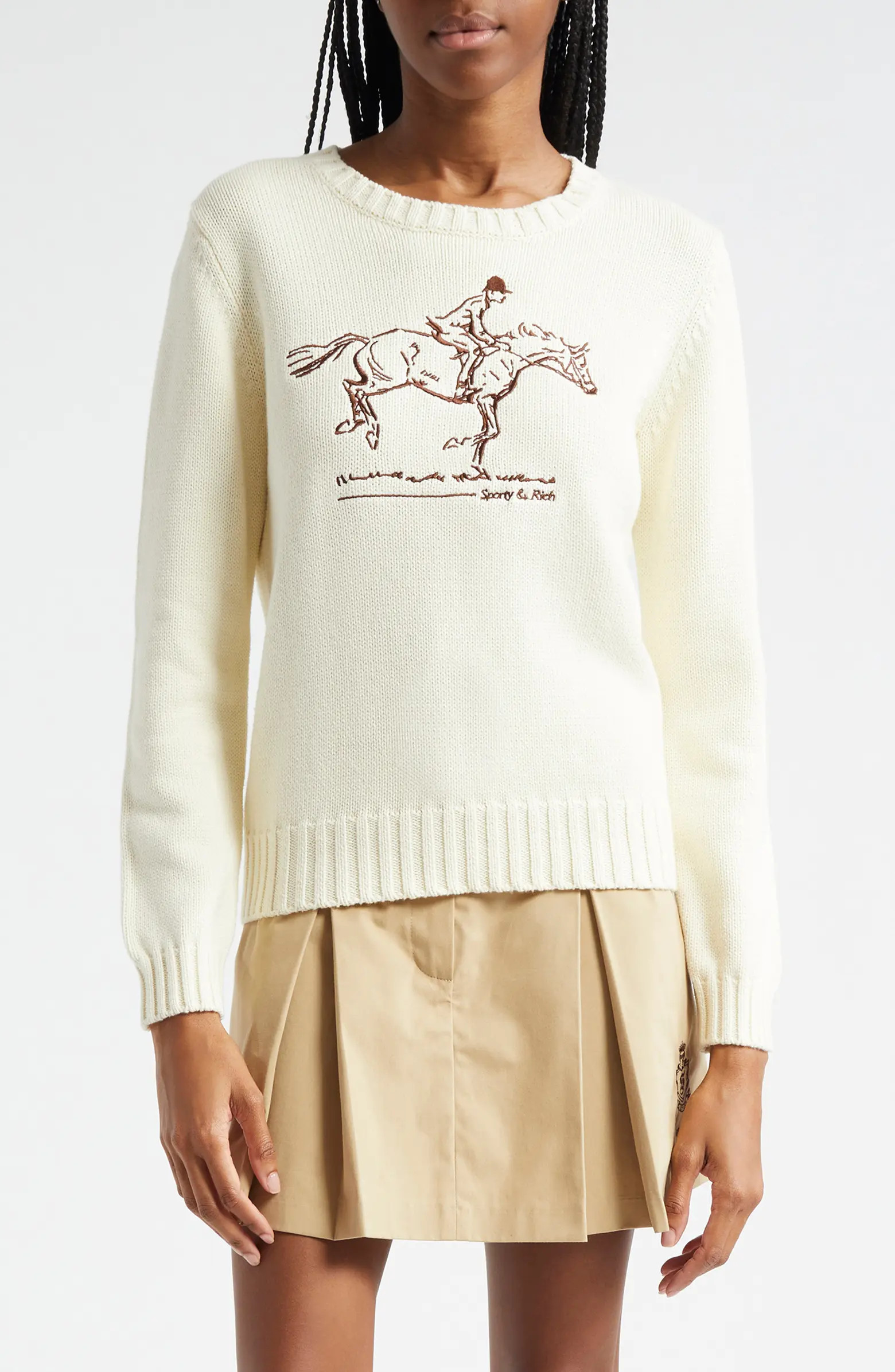 Sporty & Rich Horse Embroidered Wool Crewneck Sweater | Nordstrom | Nordstrom