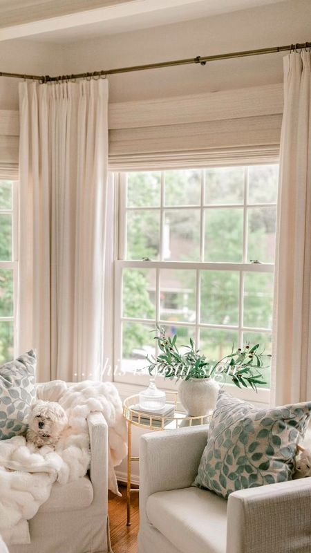 Love my drape + shades! 

🔸Bay Window Roman Shade Details🔸
🔹 Marble White Cordless Bamboo
🔹 Outside Mount
🔹 Middle Window: 50in Width x 70in Length / Outer Windows: 26in Width x 70in Length
🔹 Blackout Liner
🔹 No edge binder
🔹 I hung the shades 7 in above my window to make my windows appear taller 

🔸Bay Window Drapery Details🔸
🔹Liz Linen fabric in Ivory White 
🔹Pinch Pleat 
🔹Room darkening liner 
🔹4 panels (2 outer panels 56in W X 96 H & 2 inner panels 75in W X 96in H) 
🔹No tie backs
🔹No memory training 

#homedecor #homesweethome #interiordesign #amazonfinds #amazonhome #shopltk #ltkhome 

#LTKHome #LTKFindsUnder50 #LTKFindsUnder100