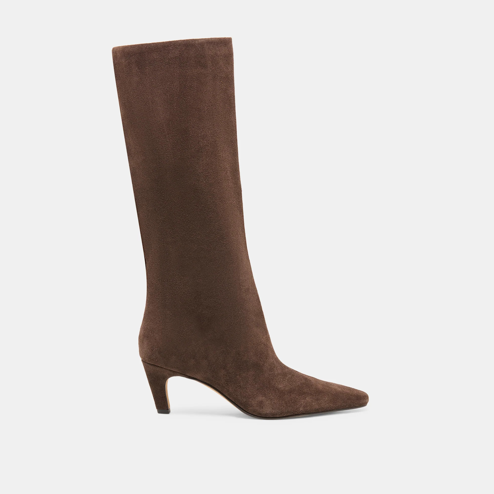 JAZMIN Espresso Suede Sculptural Kitten-Heel Knee-High Boots | Dolce Vita | DolceVita.com