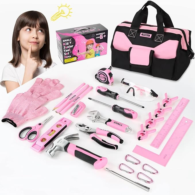 SHALL 26-Piece Kids Size Tool Set, Pink Real Tools for Kids with 12" Tool Bag, Safety Certified C... | Amazon (US)