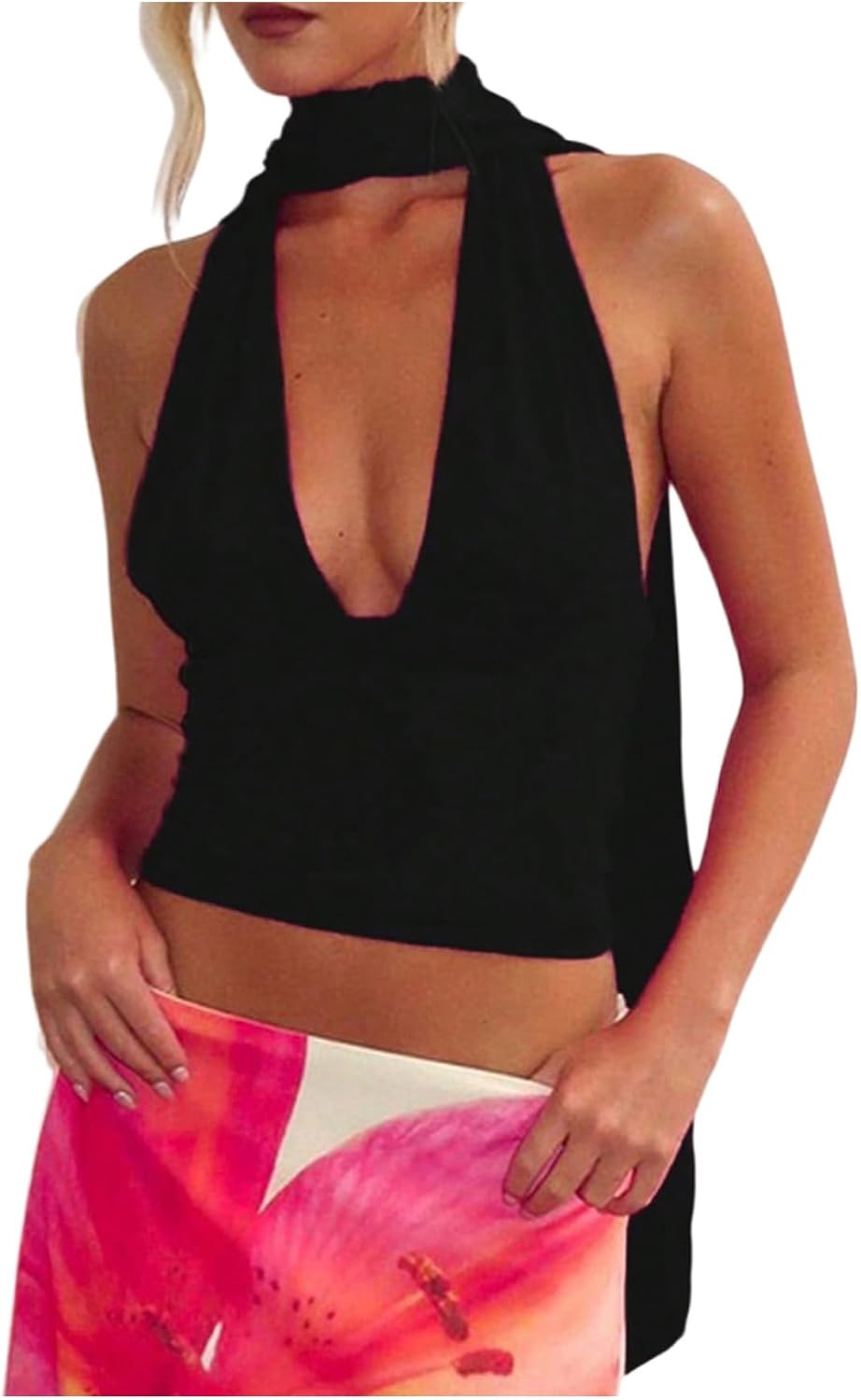 Floerns Women's Sleeveless Halter Tops Deep V Neck Going Out Tank Top with Scarf | Amazon (US)