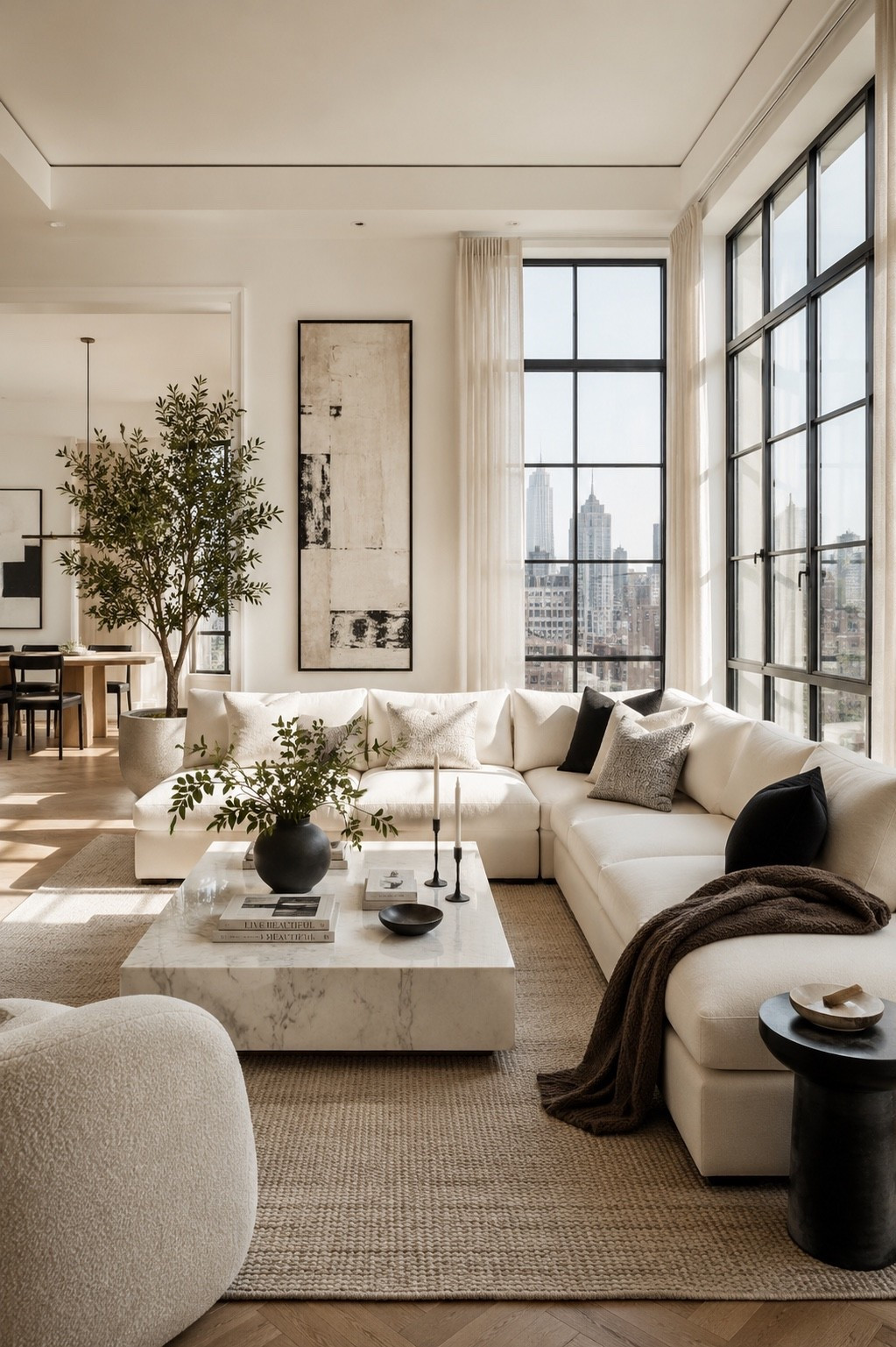 Create a warm, sophisticated living room with organic modern design, soft neutral tones, oversized black-framed windows, natural textures, and timeless luxury details. This bright New York-inspired space blends minimalism with cozy elegance for a high-end yet inviting home.

#livingroom #modernlivingroom #organicmodern #luxuryinteriors #neutraldecor #livingroomdesign #interiordesign #homedecor #modernhome #cozyhome #newyorkstyle #warmminimalism #luxuryhome #interiorinspiration #designerhome #ltkhome #amazonhome #neutralinteriors #contemporarydesign #livingroomdecor