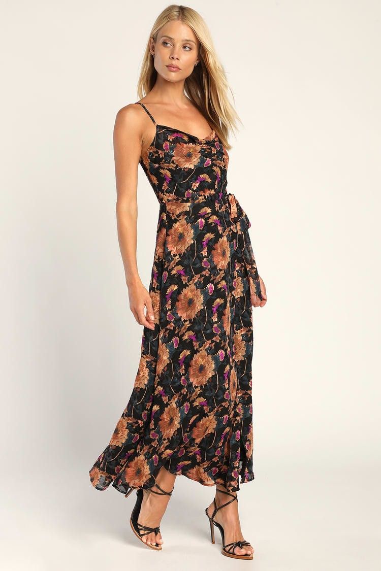 Black Floral Prin Faux Wrap Maxi Dress | Fall Maxi Dress Fall Dress Fall Dresses 2022 | Lulus (US)