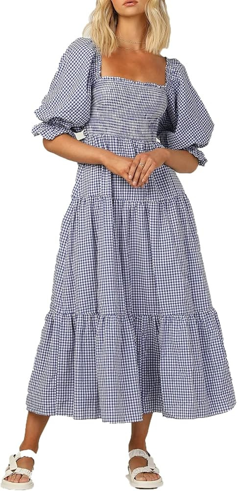Women Dresses Smocked Tiered Belted Midi Dress Square Neck Puff Sleeve Casual Gingham,Blue,S | Amazon (CA)