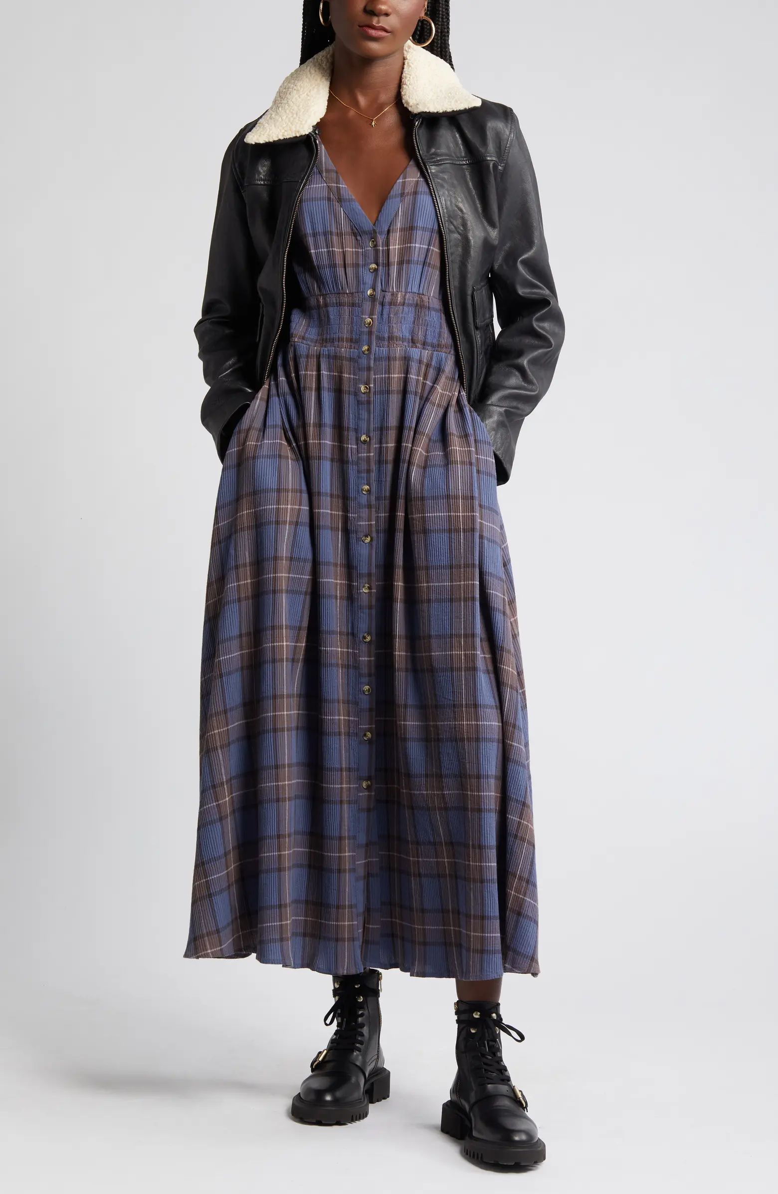 Plaid Long Sleeve Cotton Midi Dress | Nordstrom