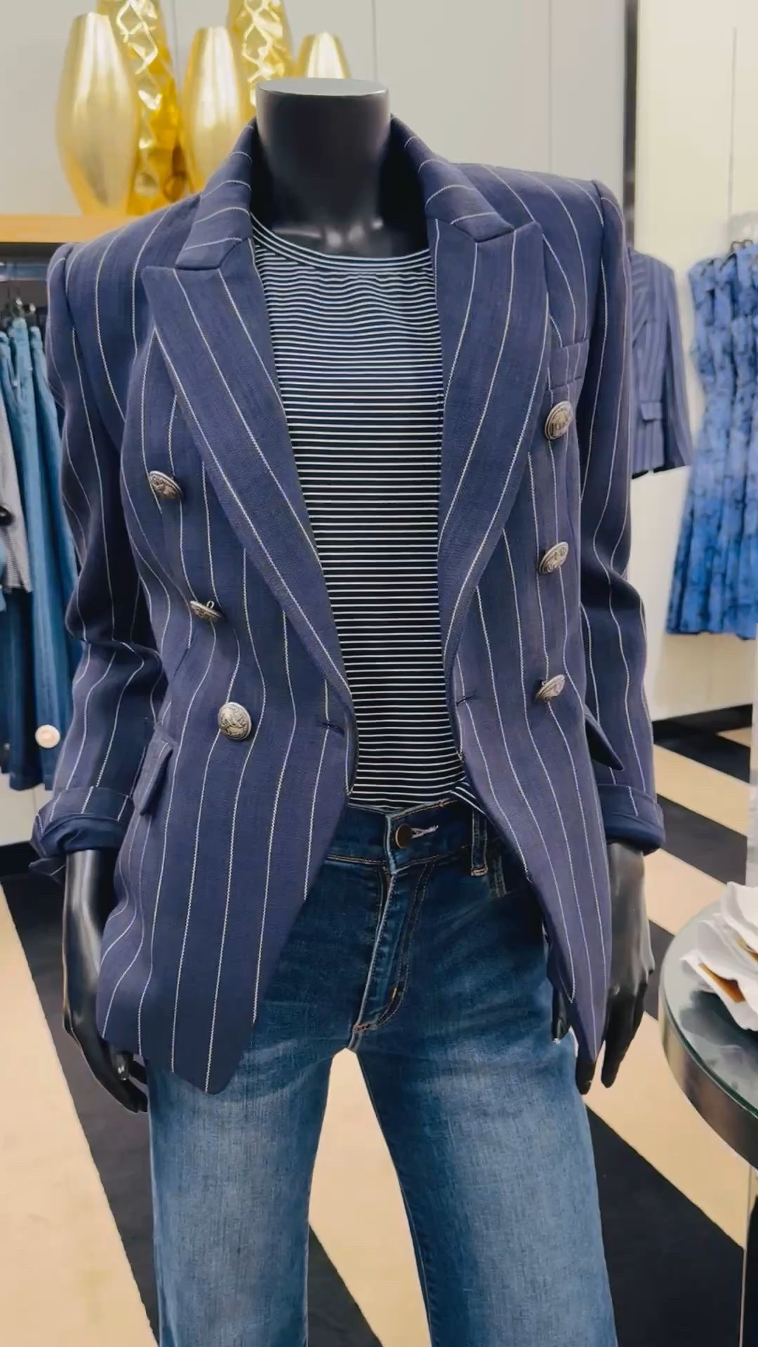 Stripes on stripes is a spring must-have. This navy striped blazer you can wear with a basic white tee or pair with a striped tee and jeans. I’d style this blazer with white bootcut trousers or jeans. 

#LTKWatchNow #LTKStyleTip