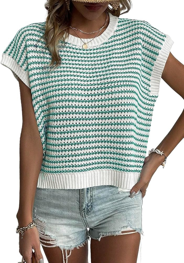 EVALESS Sweater Vest for Women Striped Color Pullover Tank Top Round Neck Cap Sleeve Lightweight ... | Amazon (US)