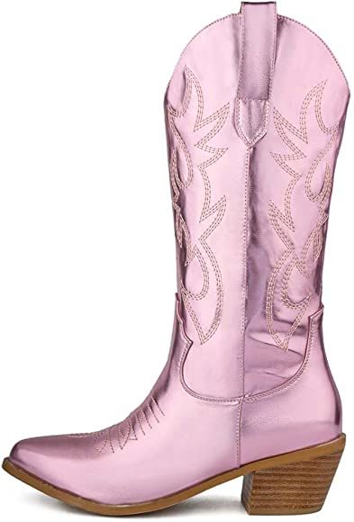 Women Mid Calf Embroidered Cowboy Boots Wide Calf Retro Western Boots Chunky Heel Cowgirl Boots | Amazon (US)