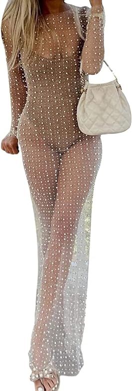 Modegal Women's Sheer Mesh Pearl Shiny Rhinestone Dress Long Sleeve Summer Swimwear Bathing Suit ... | Amazon (CA)