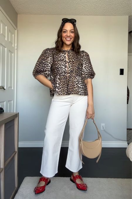 Weekend outfit!
-Ganni leopard print tie front top. I have a size 40. Similar options linked. 
-Mother denim cream cropped straight jeans. I have a size 29. 
-Steve Madden red buckled pointed flats. 
-Polène Paris numero dix bag. 
-Celine Triomphe sunglasses. 


#LTKstyletip #LTKSeasonal #LTKshoecrush