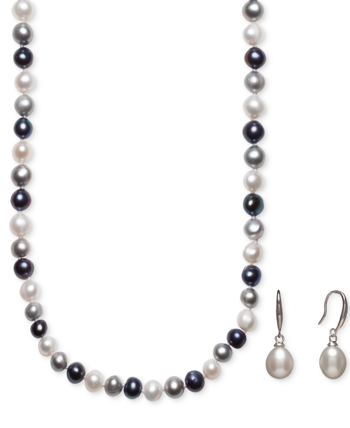 Cultured Freshwater Pearl Necklace (7-7 1/2mm) and Drop Earrings (7x9mm) Set in Sterling Silver - Multi | Macy's