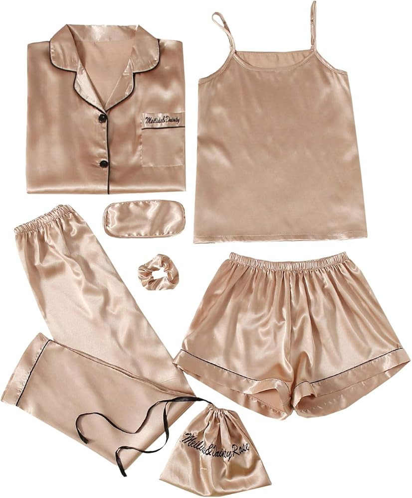 SheIn Women's 7pcs Pajama Set Cami Pjs with Shirt and Eye Mask | Amazon (US)