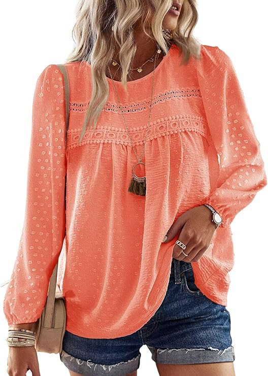 Falechay Boho Tops for Women Long Sleeve Shirts Crewneck Flowy Womens Blouses Dressy Casual Lace ... | Amazon (US)
