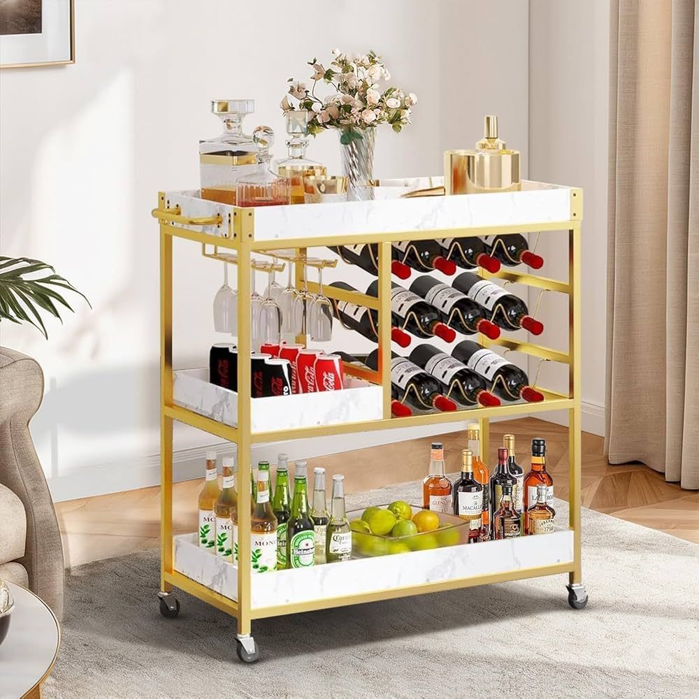 4 EVER WINNER Bar Carts for The Home Gold, 3-Tiers Bar Cart Gold with White Marble Serving Tray, ... | Amazon (US)